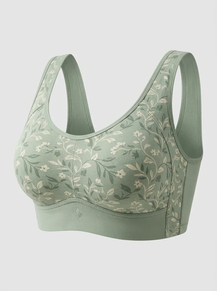 Women's Plus Size Sage Green Botanical Floral Scoop-Neck Wide-Strap Wireless Sports Bra