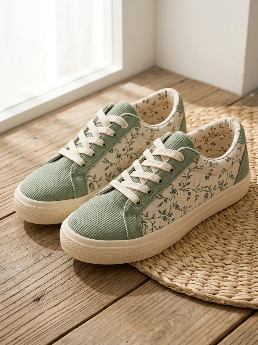 Women's Sage Green Floral Corduroy Printed Sneakers