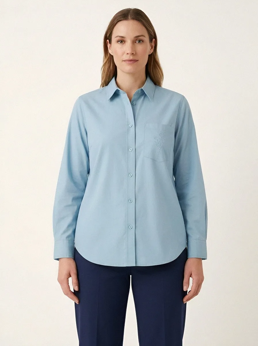 Women's Wildflower Line-Art Pocket Button-Up Shirt