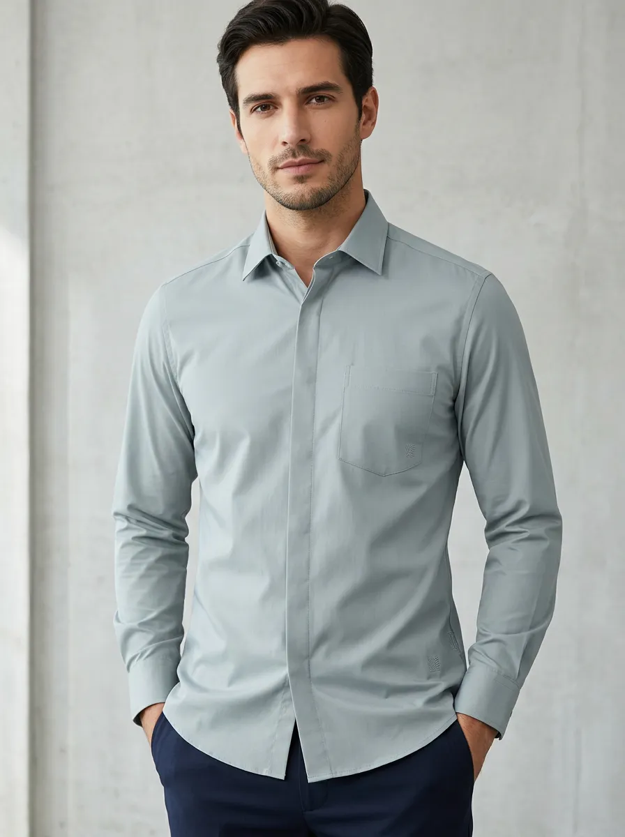 Men's Non-Iron Cotton Solid Color Pocket Long Sleeve Shirt