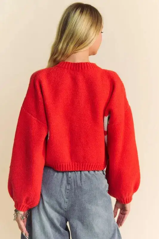 Long Sleeve Ribbed Floral Detail Knit Cardigan