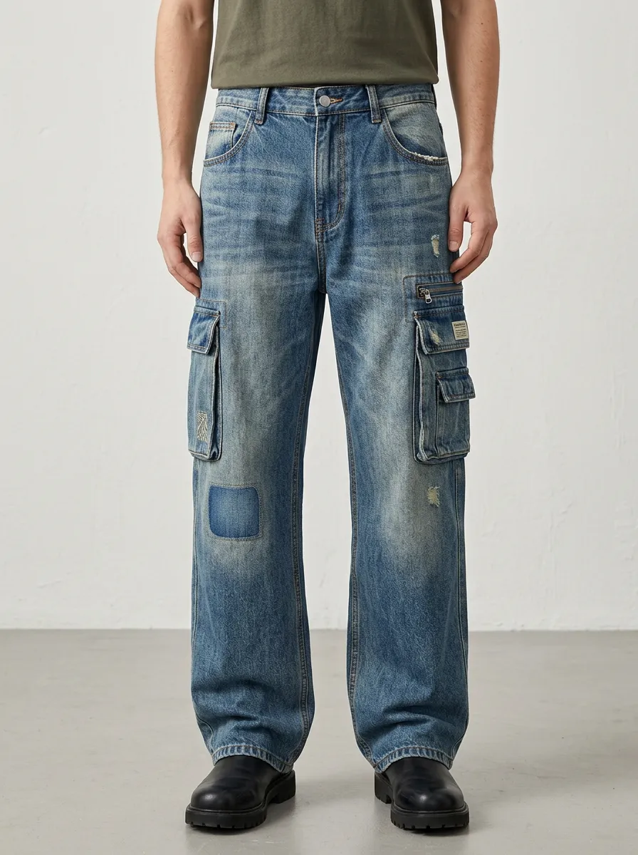 Men's Distressed Patchwork Multi-Pocket Denim Cargo Jeans