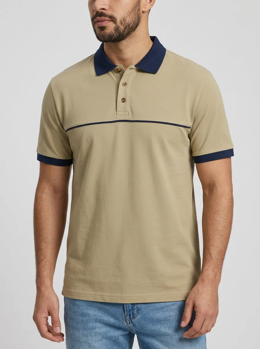 Men's Casual Khaki Navy Contrast Trim Colorblock Polo Shirt