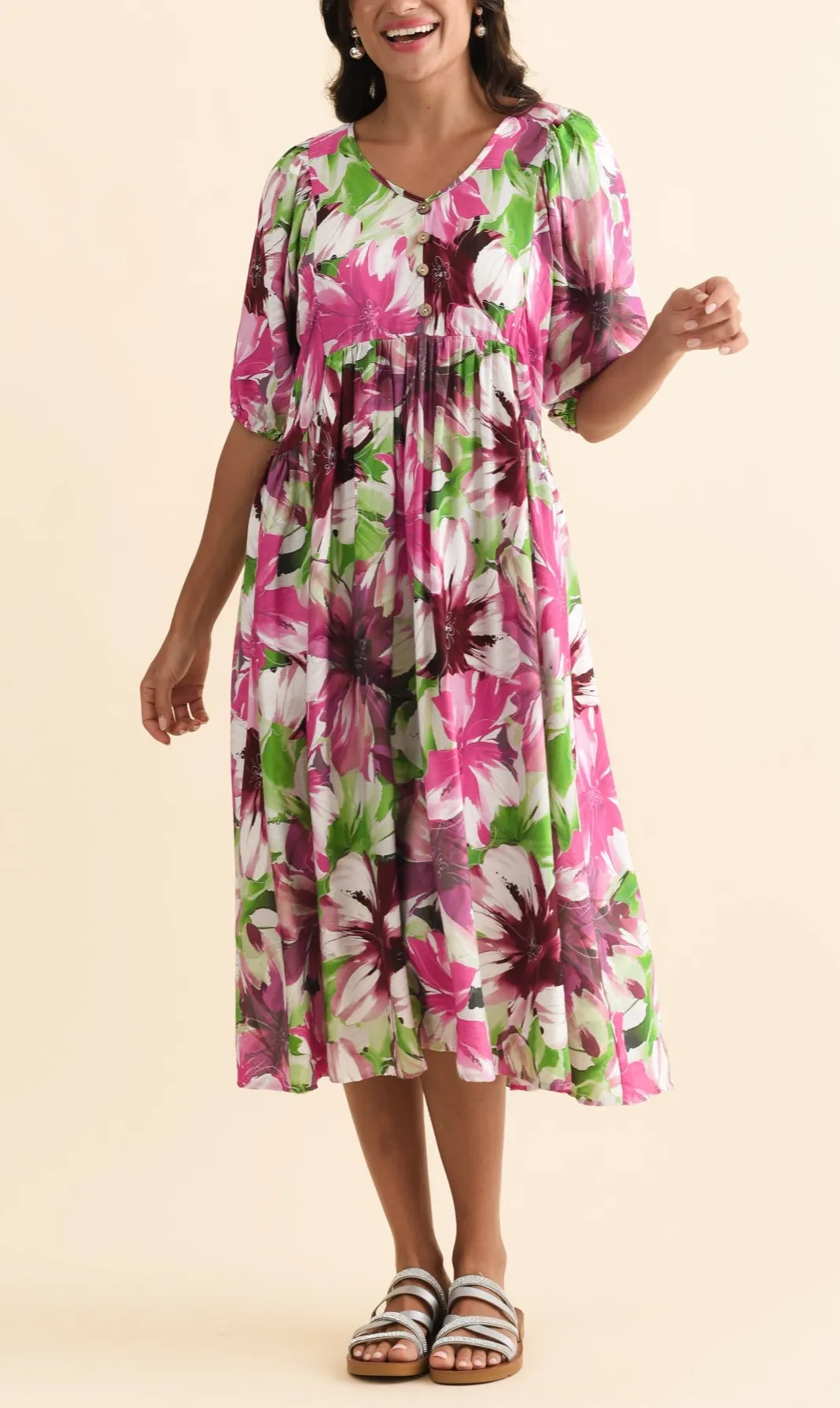 Below-Knee Floral Rayon Pocket V-Neck Half-Sleeve A-Line Dress