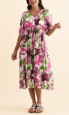 Below-Knee Floral Rayon Pocket V-Neck Half-Sleeve A-Line Dress