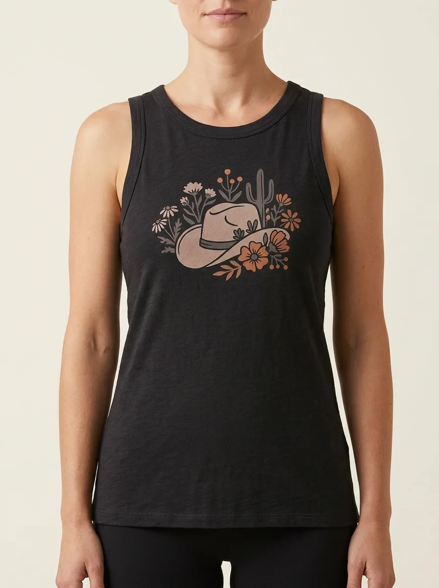 Cowgirl Cactus Floral Built-In Bra Tank Top