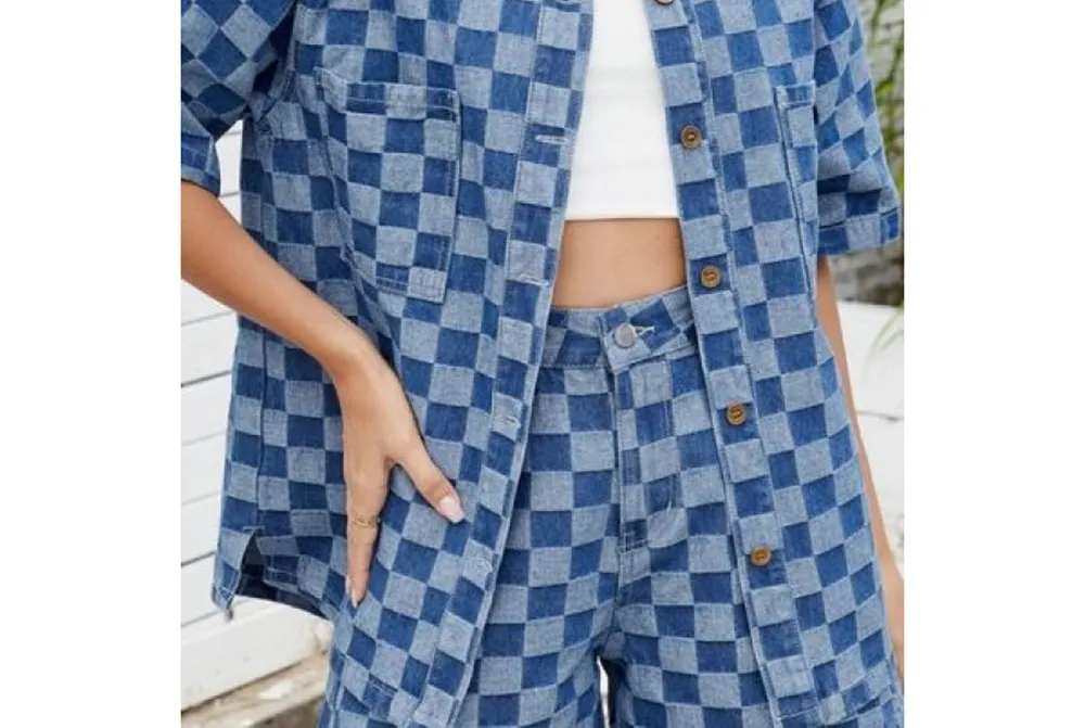 Button-Down Checkered Denim Shirt