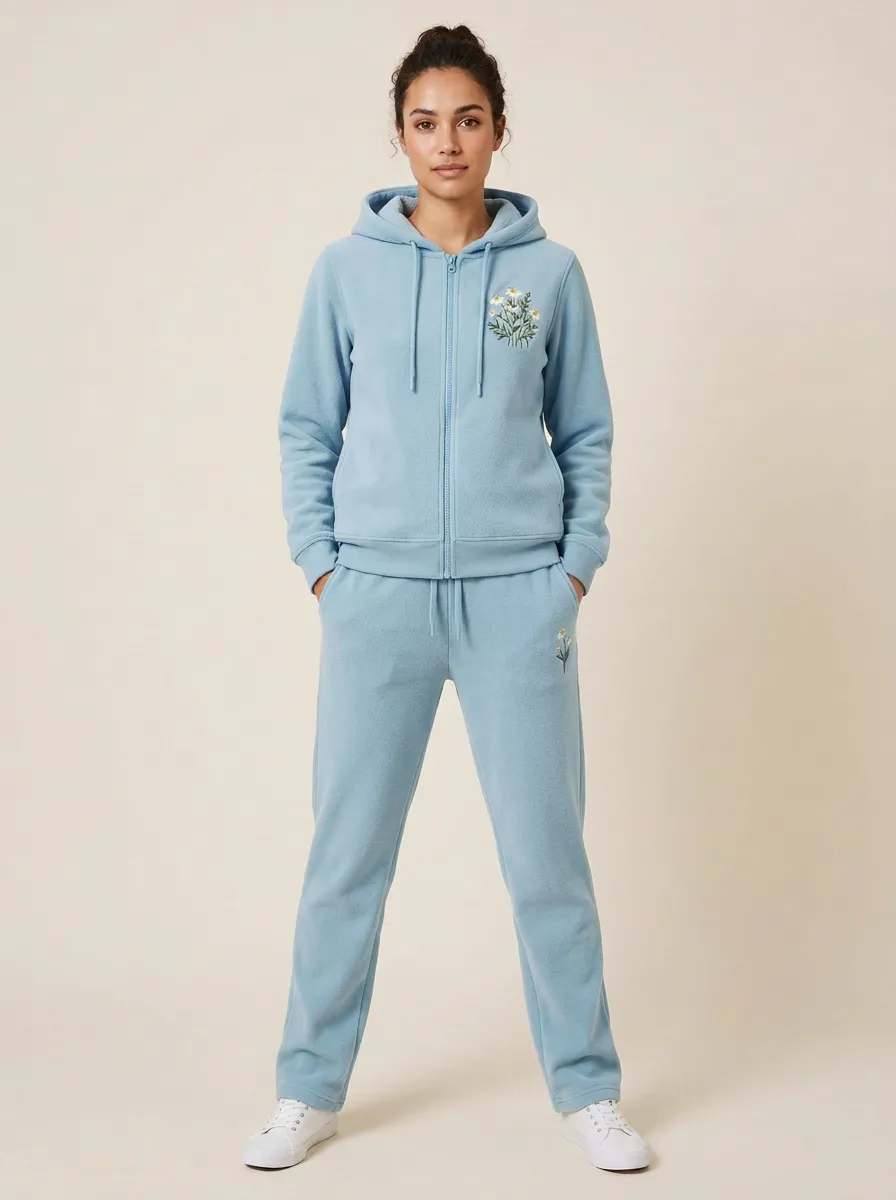 Women's Floral Embroidered Zip-Up Hoodie And Straight-Leg Jogger Set