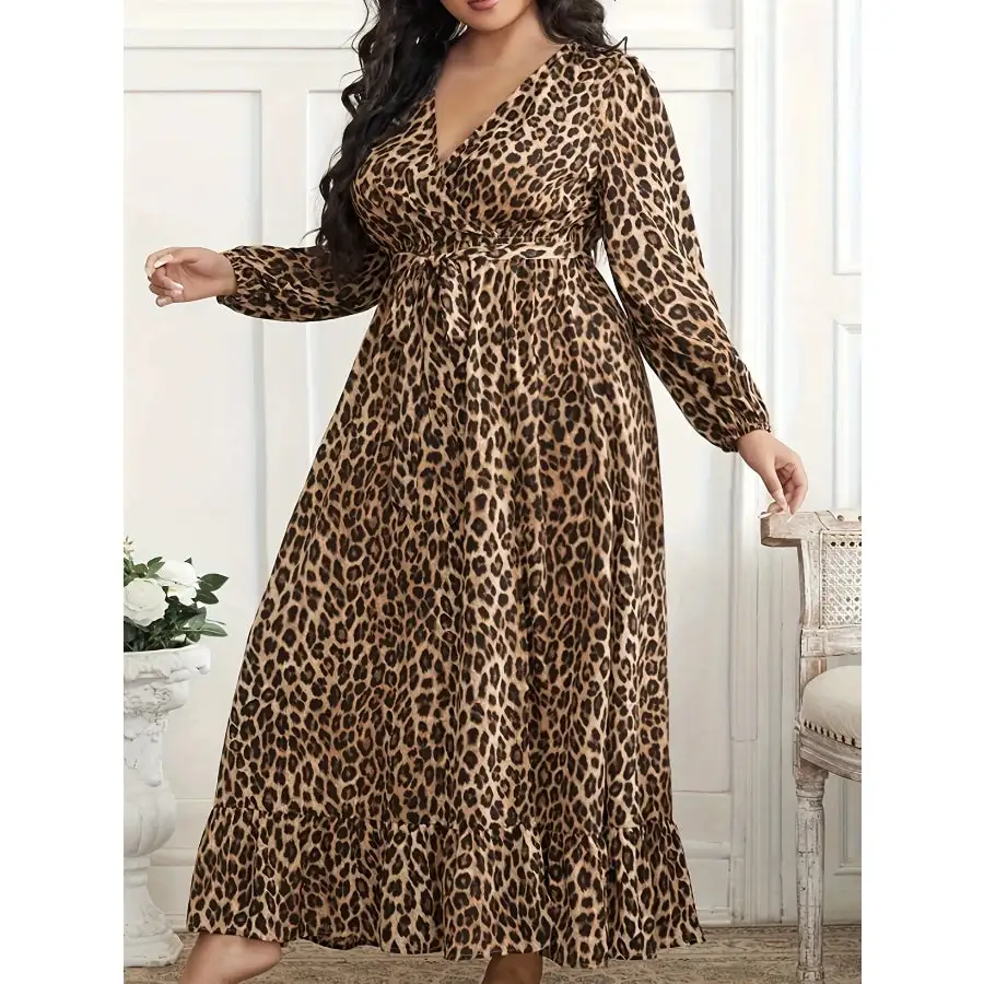 Plus Size Leopard Print Surplice Maxi Dress