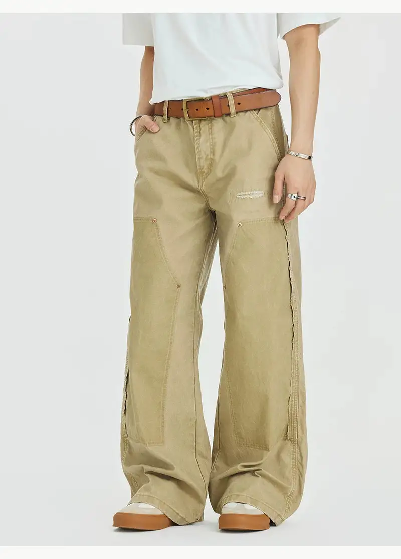 Wide-Leg Distressed Washed Workwear Jeans