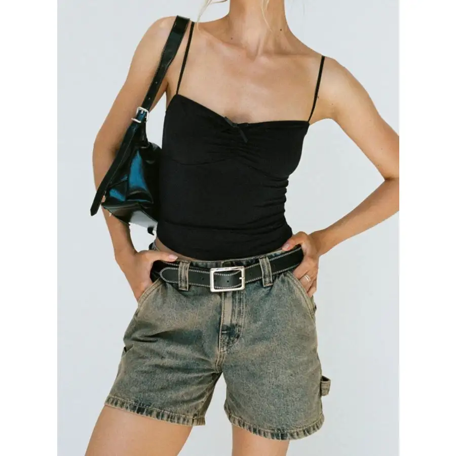 High Rise Pocketed Washed Denim Shorts