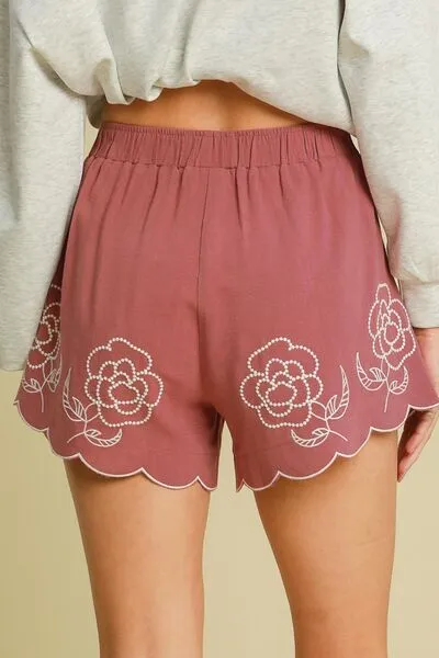 Everyday Full Size Linen Blend Shorts with Floral Embroidered Details