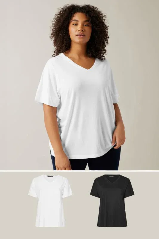 ESSENTIAL 2 PACK Curve White & Black V-Neck Modal Rich T-Shirts