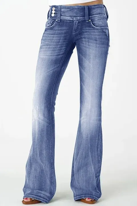 Vintage Button Side Design Mid Waist Flare Jeans