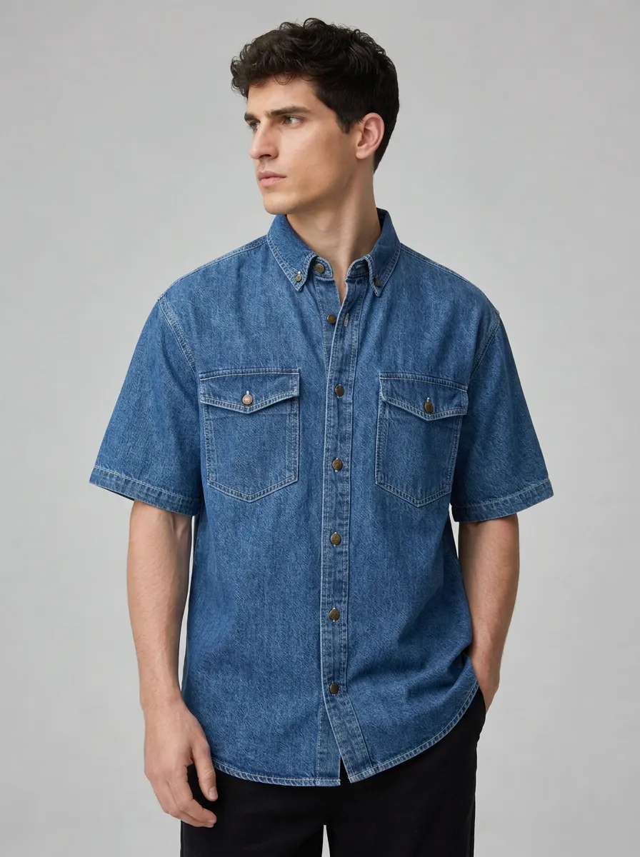 Men's Casual Summer Blue Denim Short Sleeve Button Down Shirt