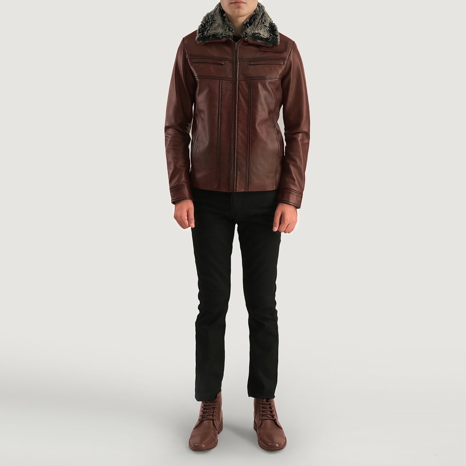 Men's Leather Fur Trim Jacket
