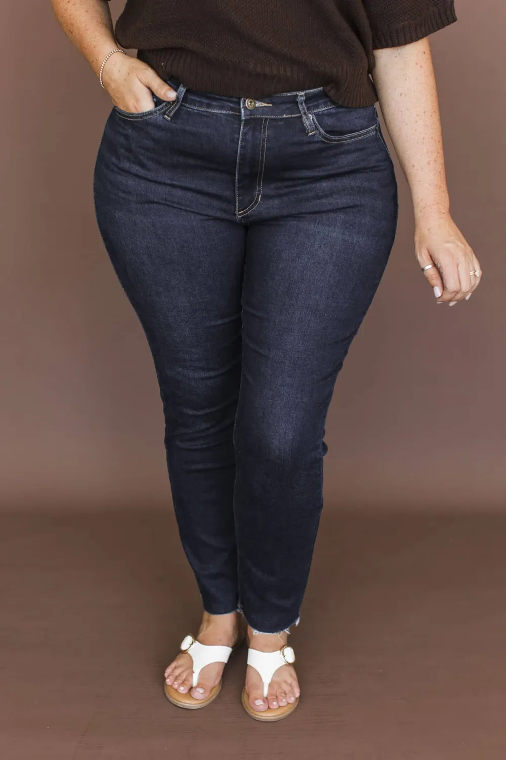 High-Rise Raw Hem Ankle Straight Leg Clean Finish Jeans