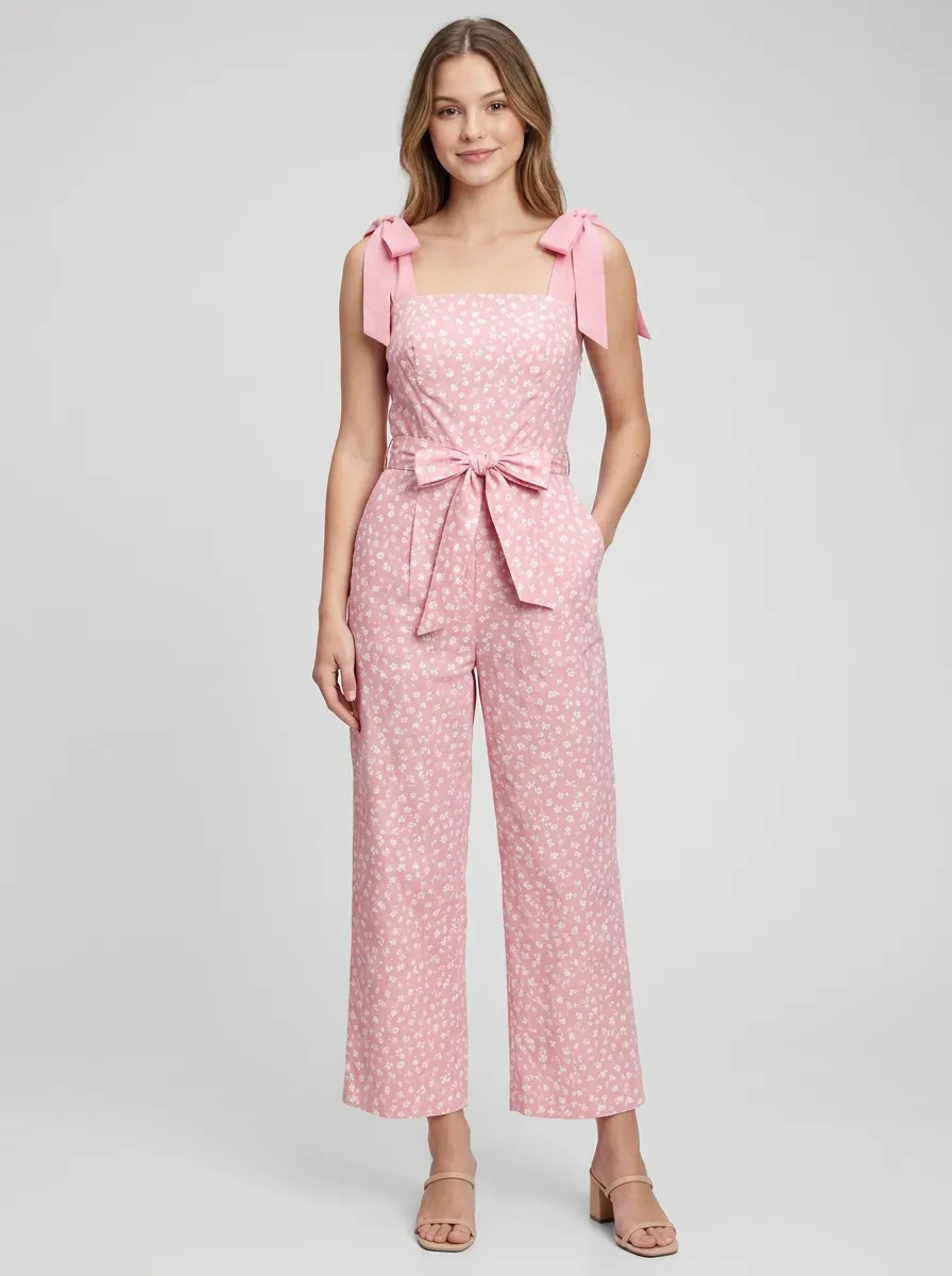 Women's Relaxed Floral Tie Shoulder Square Neck Wide Leg Jumpsuit