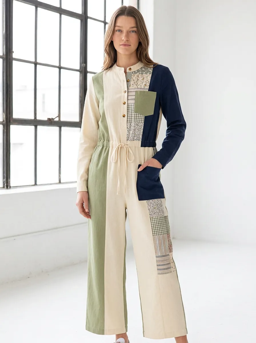 Women's Casual Patchwork Floral Gingham Graphic Jumpsuit
