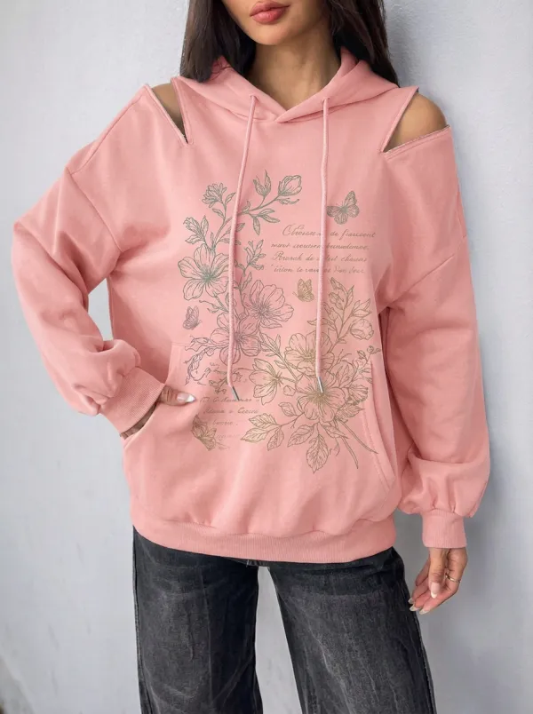 Women's Floral Butterfly Botanical Printed Cold Shoulder Hoodie