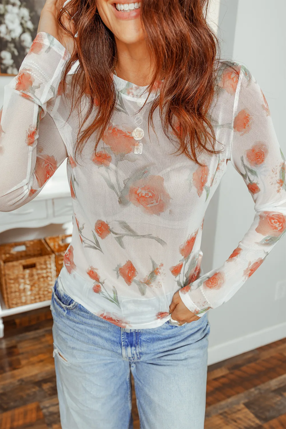 Round Neck Floral Print Mesh Top