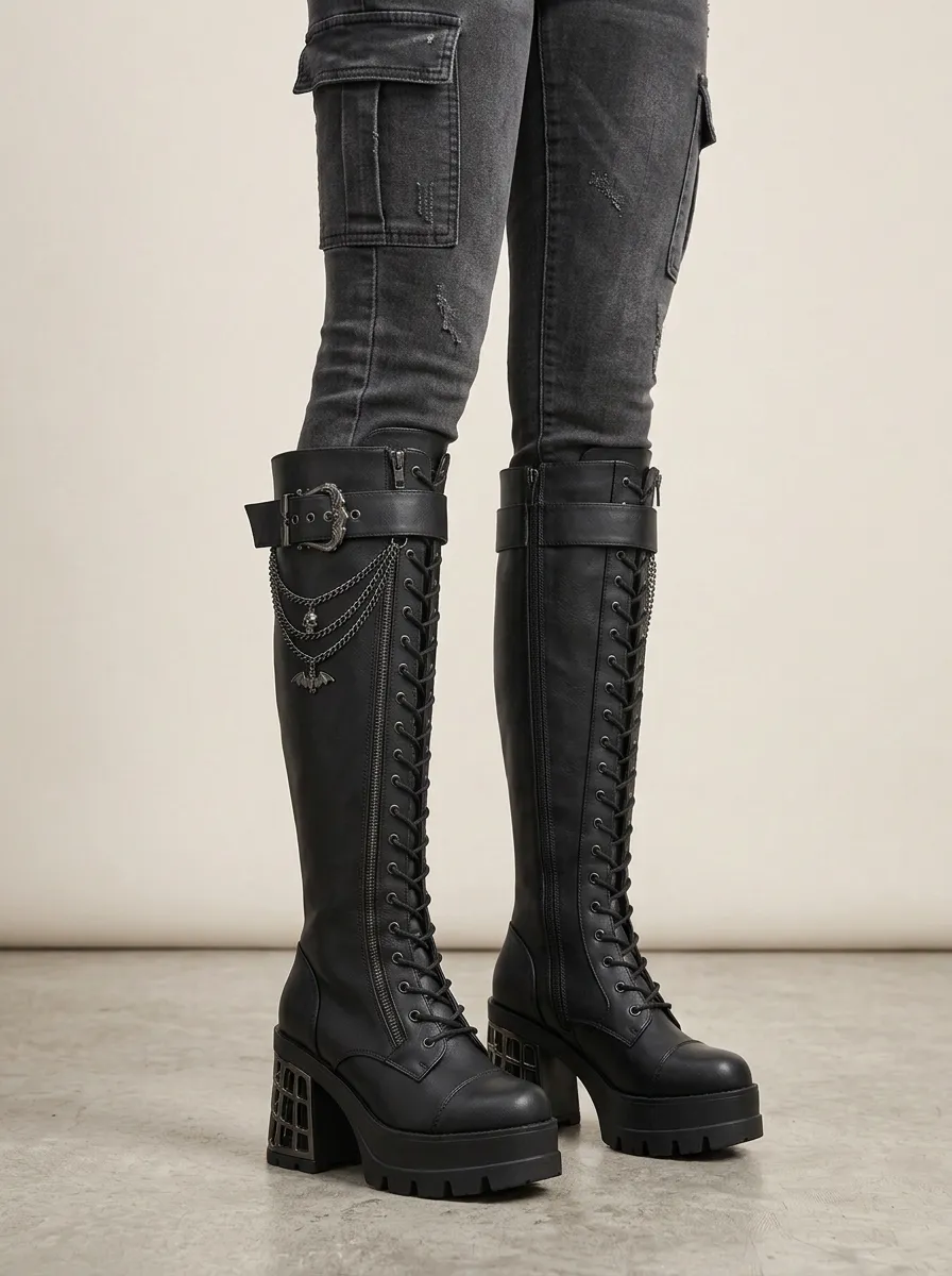 Modern Gothic Skull Bat Lace Detail Women's Gothic Platform Boots