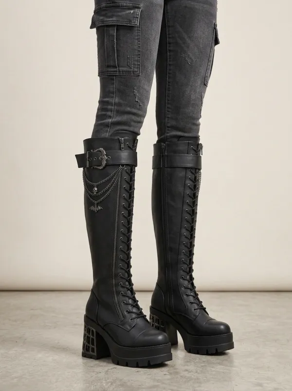 Modern Gothic Skull Bat Lace Detail Women's Gothic Platform Boots