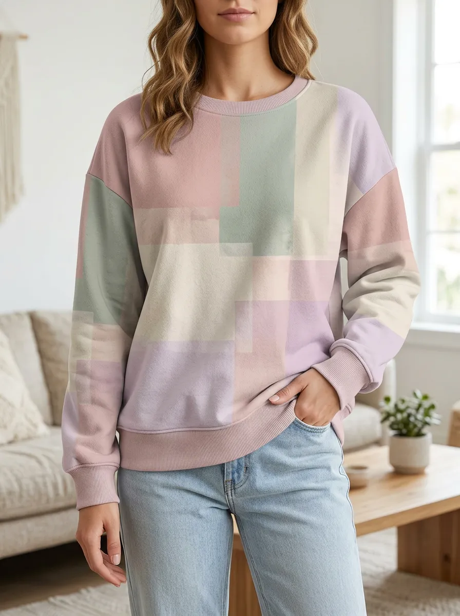 Women's Multicolor Geometric Print Crewneck Sweatshirt Crew Neck Fleece