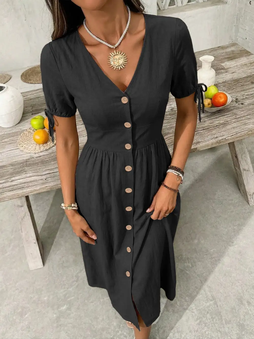 Button Front Short Sleeve Midi Dress