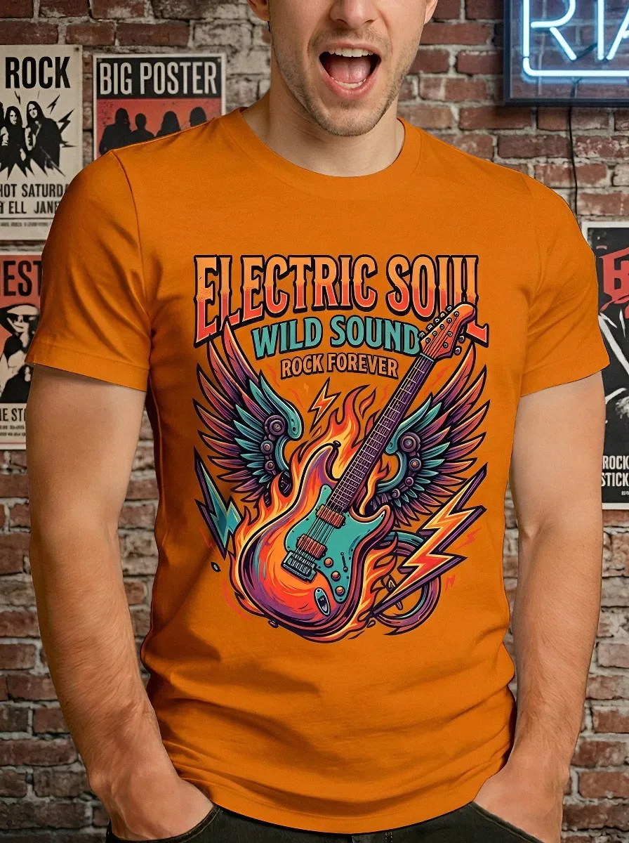 Men's Rock Music Electric Guitar Wings Flame Printed T-shirt