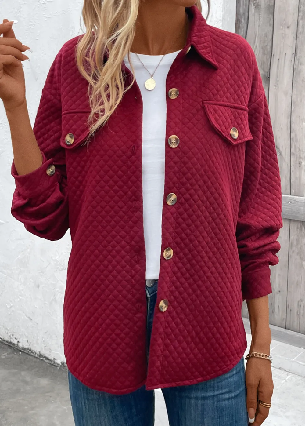 Wine Red Pocket Long Sleeve Turn Down Collar Coat