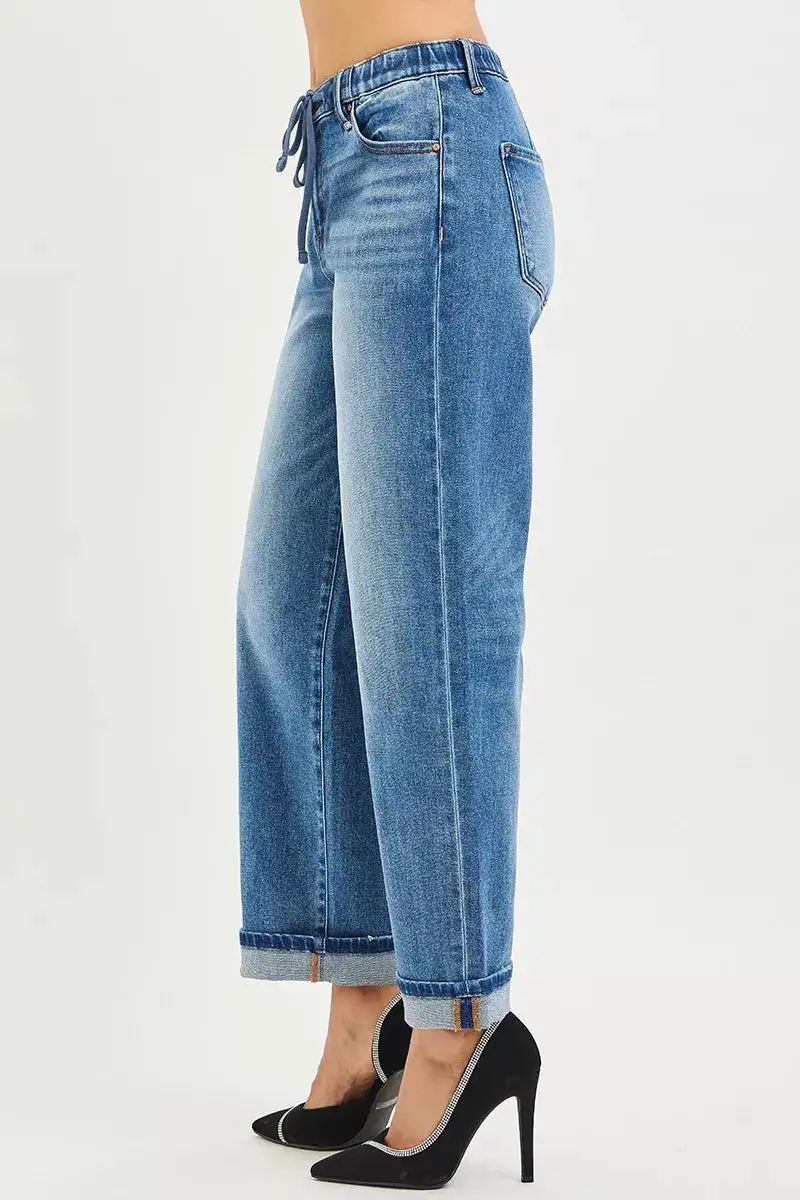 Elastic Waist Cuffed Hem Slouchy Jeans