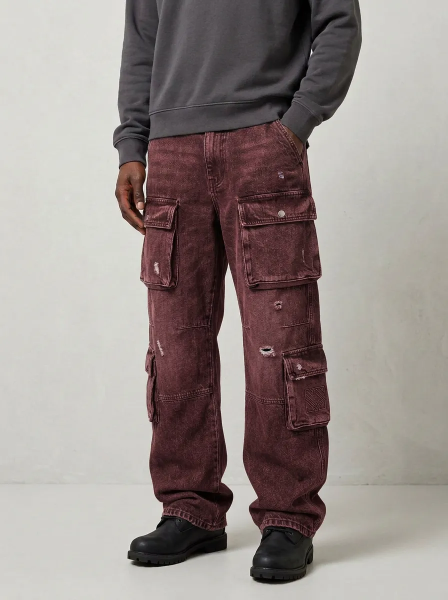 Men's Washed Black Distressed Cargo Pants