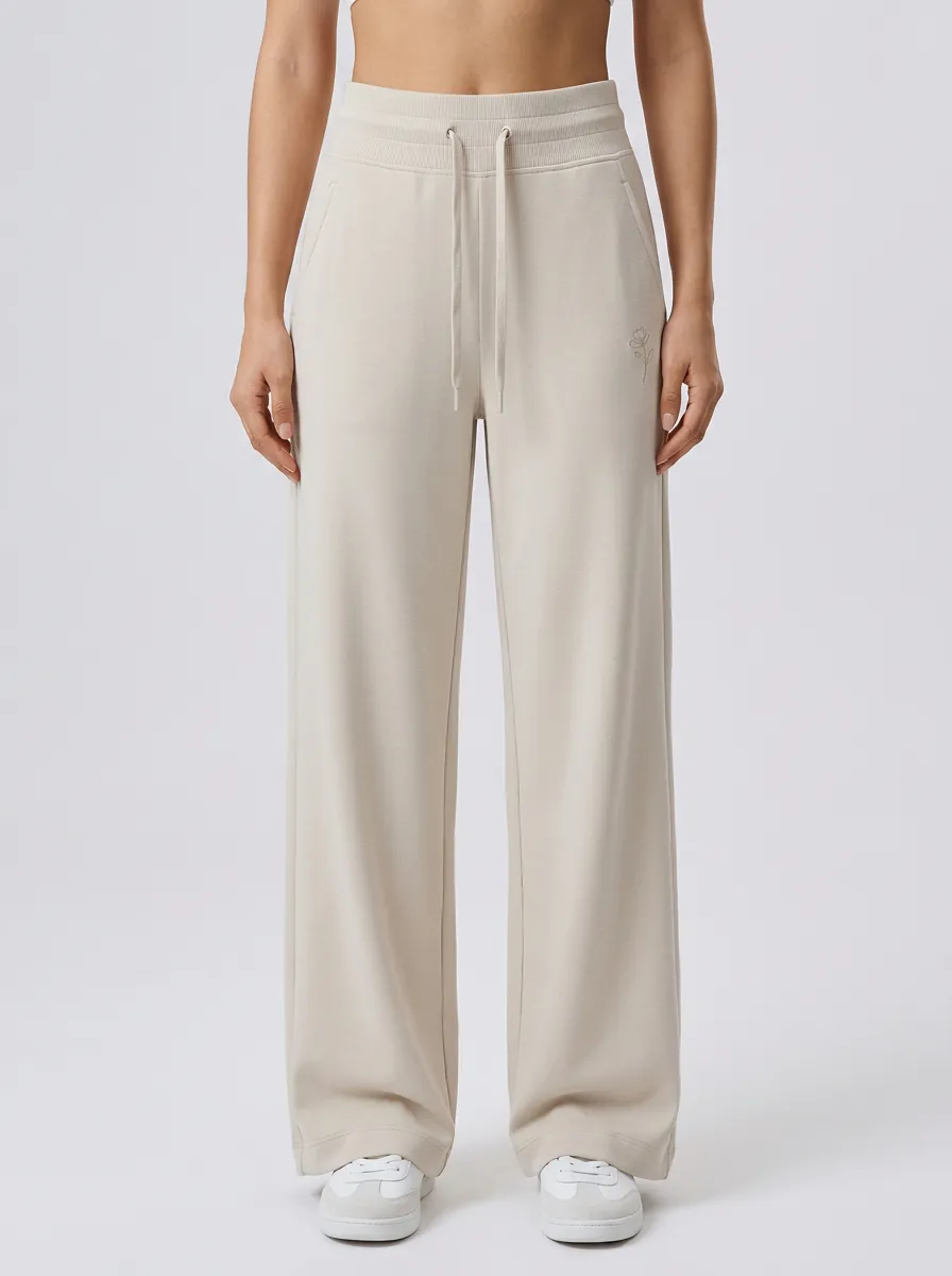 Women's Minimalist Beige Small Flower Embroidered Wide Leg Sweatpants
