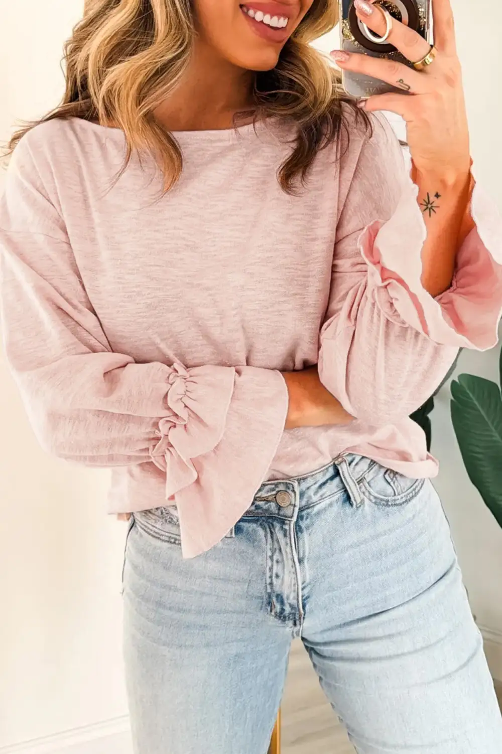 Solid Relaxed Cotton Blend Long Sleeve Top