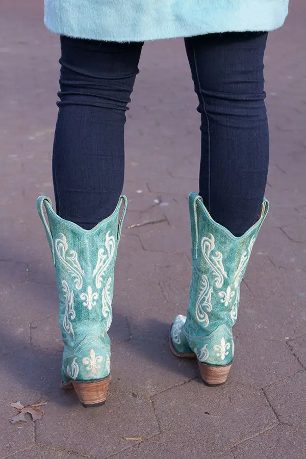 Green Tribal Embroidery Block-Heel Boots