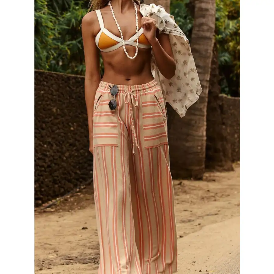Relaxed Striped Wide Leg Drawstring Pants
