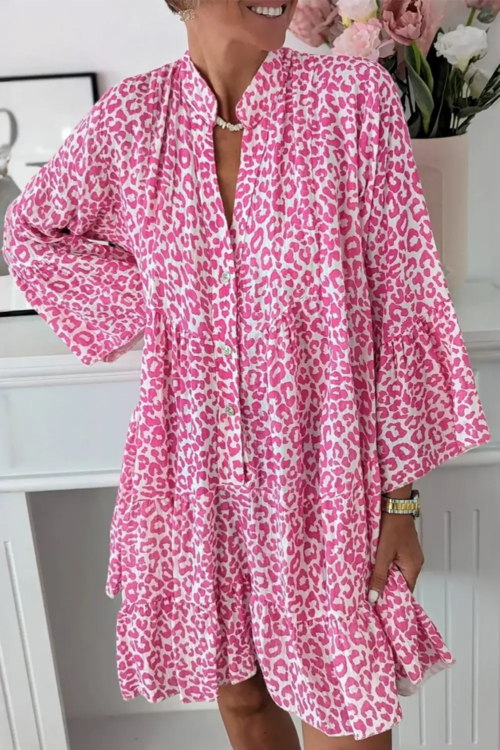 Bright Long Sleeve Buttoned Front Mini Dress