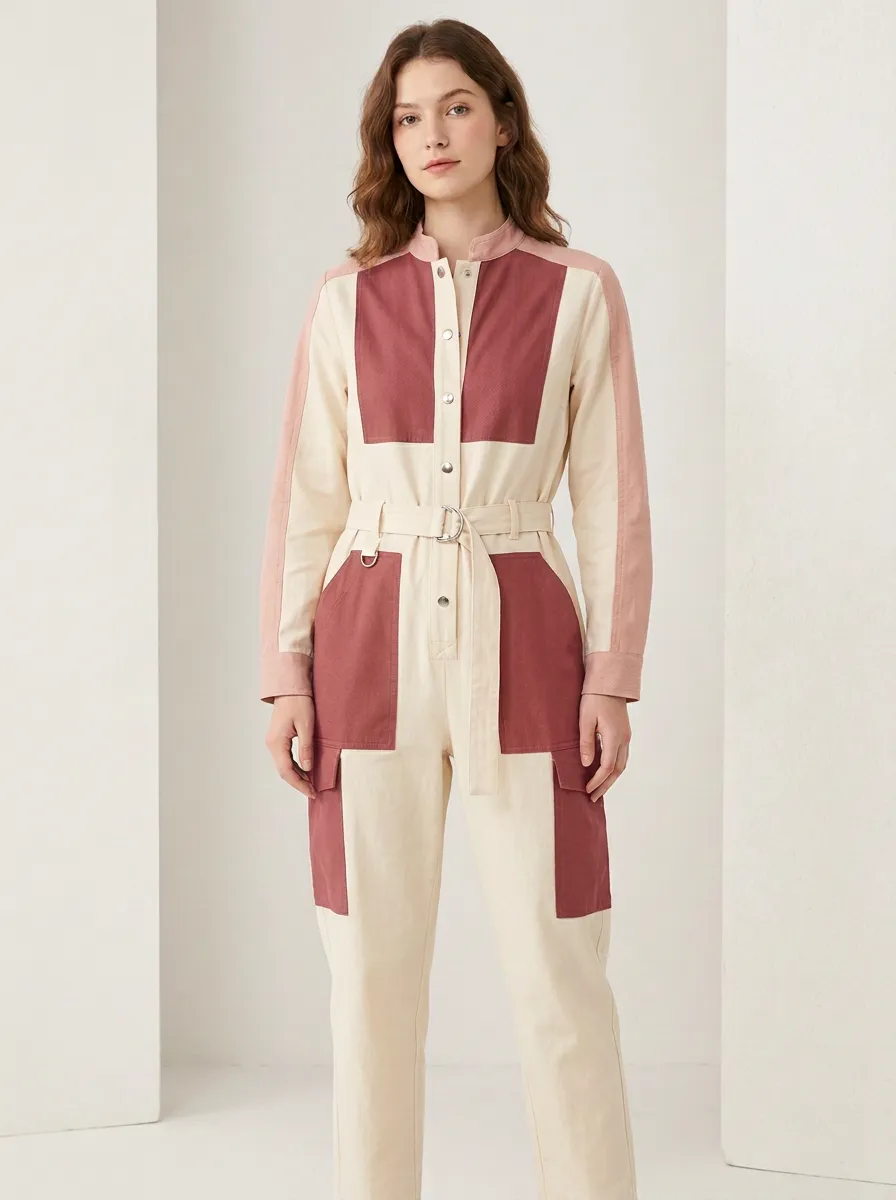 Women's Casual Utility Olive Green Beige Colorblock Belted Jumpsuit