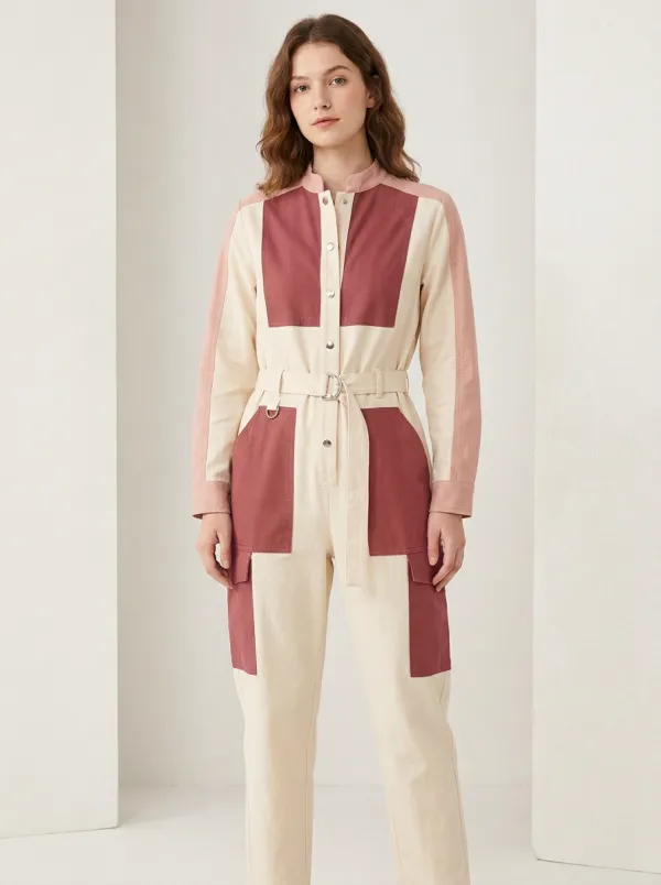Women's Casual Utility Olive Green Beige Colorblock Belted Jumpsuit