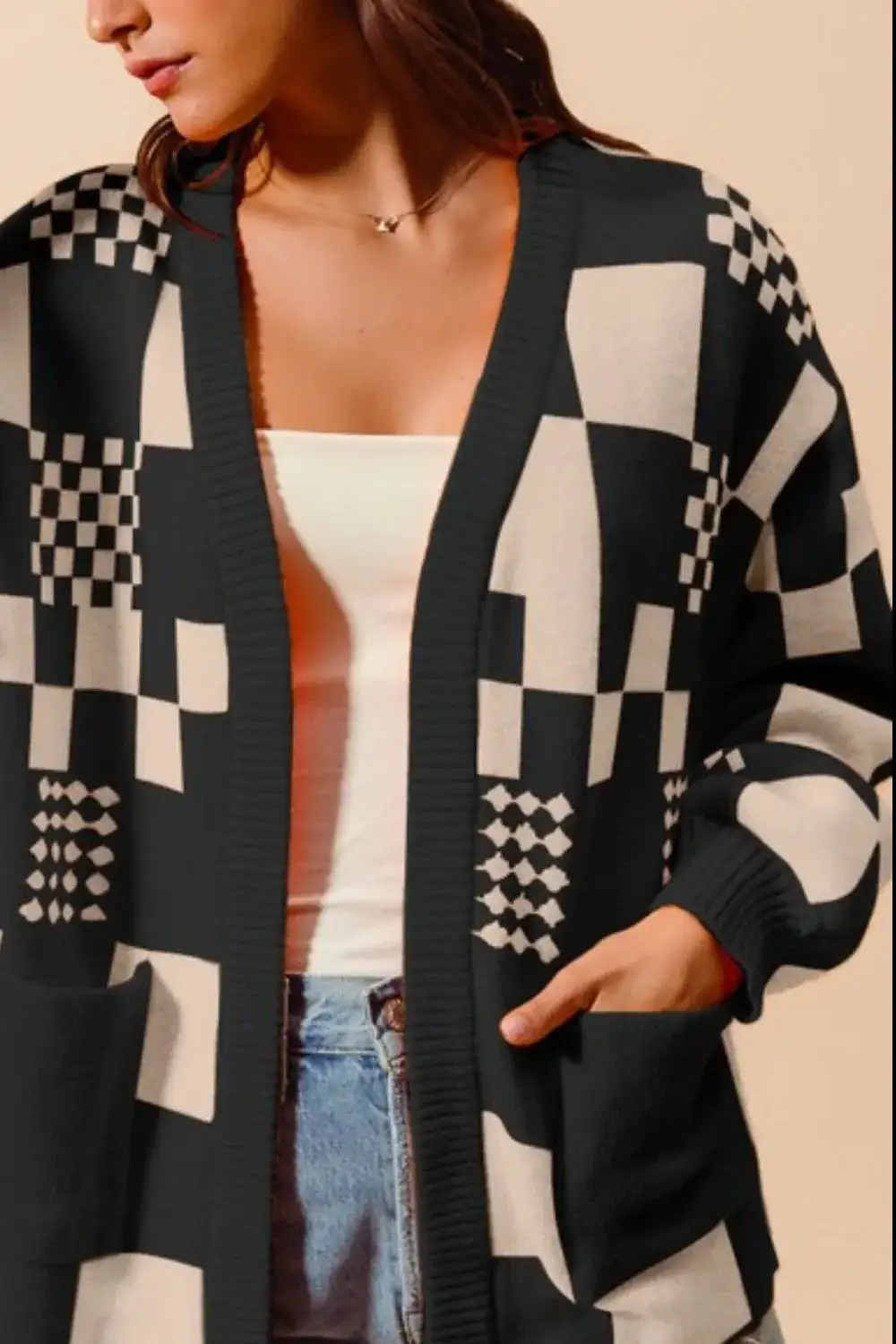 Open Front Checkered Pocket Detail Knit Cardigan