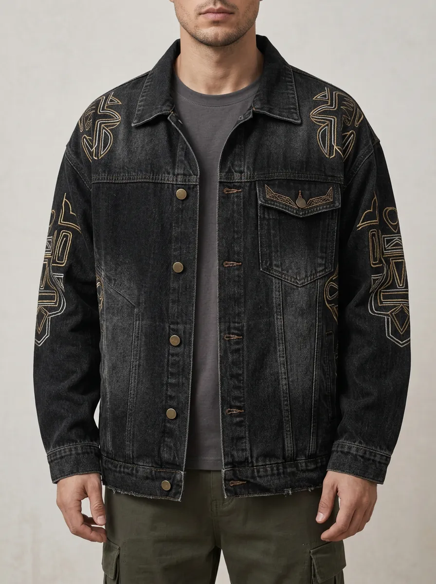 Men's Tribal Embroidered Geometric Denim Jacket