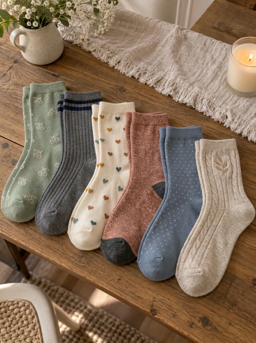 Women's Vintage Aesthetic Cherry Heart Polka Dot Printed Socks Set