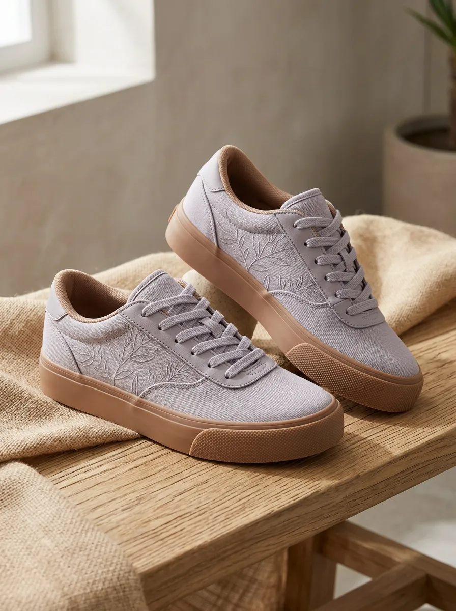 Women's Botanical Leaf Embroidered Printed Canvas Sneakers