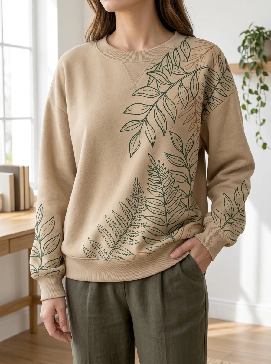Women's Botanical Print Crewneck Sweatshirt Fleece Leaf Print