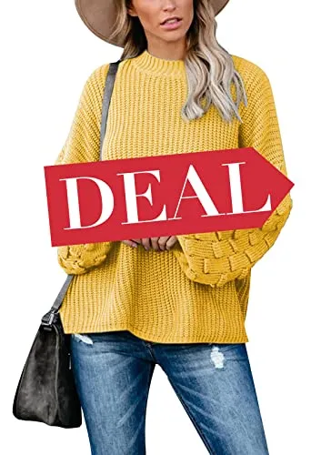 Women's Cute Oversized Crewneck Loose Puff Sleeves Chunky Knit Pullover Sweater