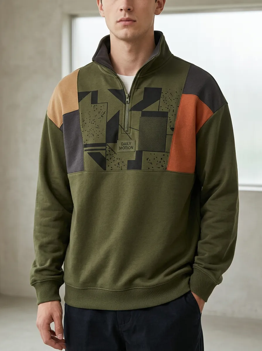 Half-Zip Geometric Patchwork Men's Half-Zip Sweatshirt