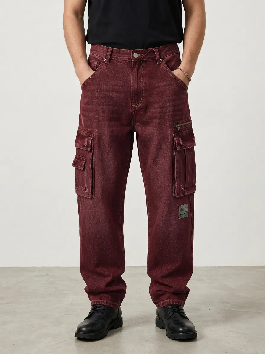 Men's Forge Vintage Distressed Multi-Pocket Denim Cargo Jeans