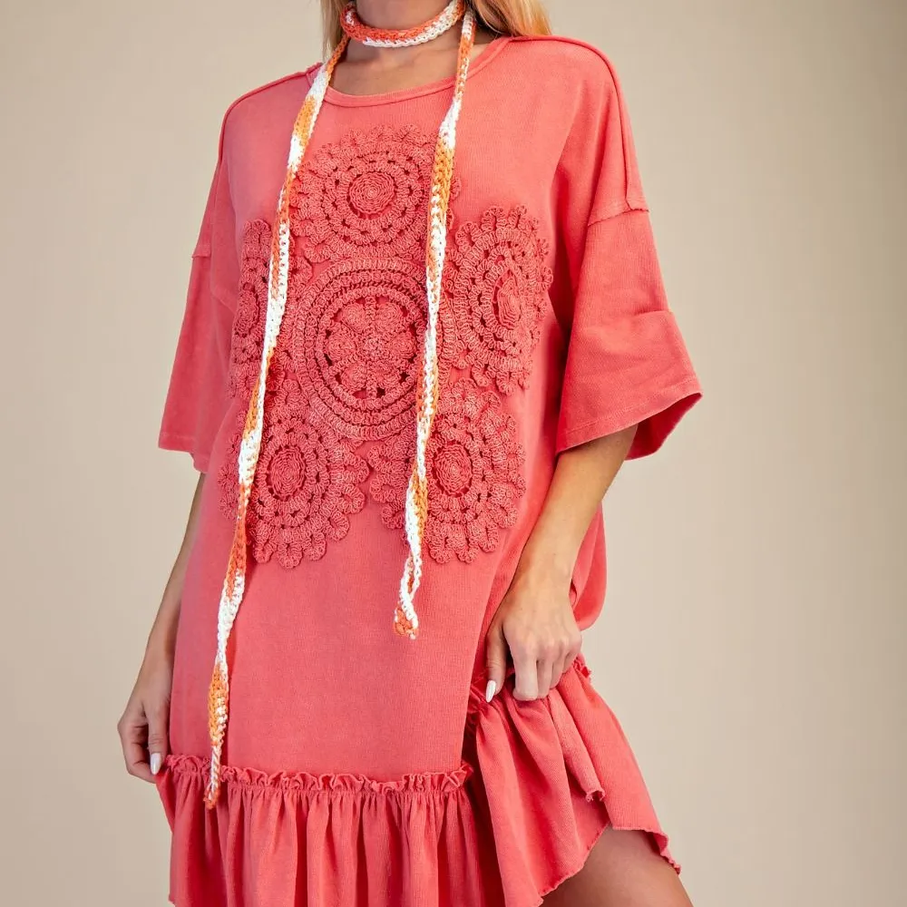 Modern Floral Lace Detail Ruffle Detail Dress