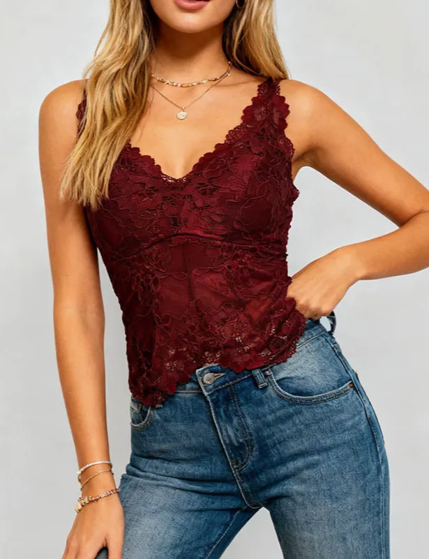 Romantic Sheer Lace V Neck Spaghetti Strap Cami Top